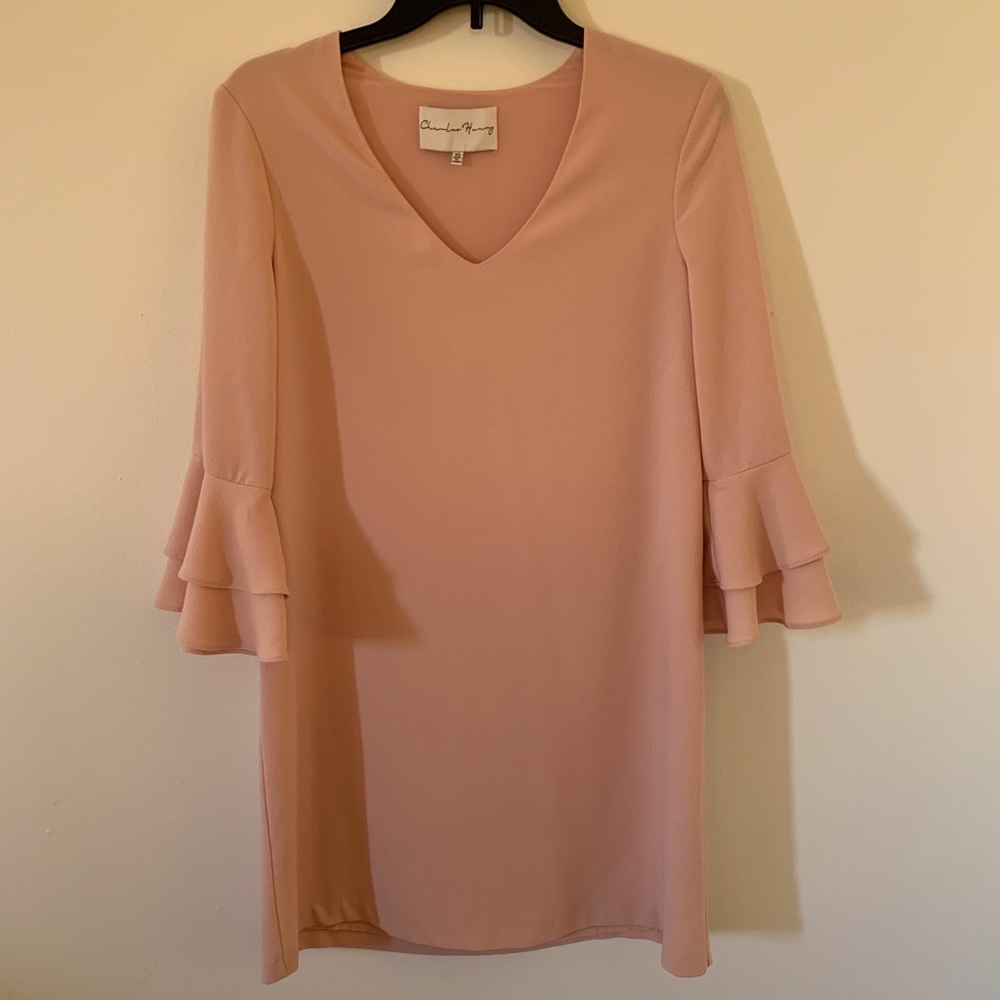 Charles Henry Blush Pink V-Neck Ruffle Sleeve Mini Dress